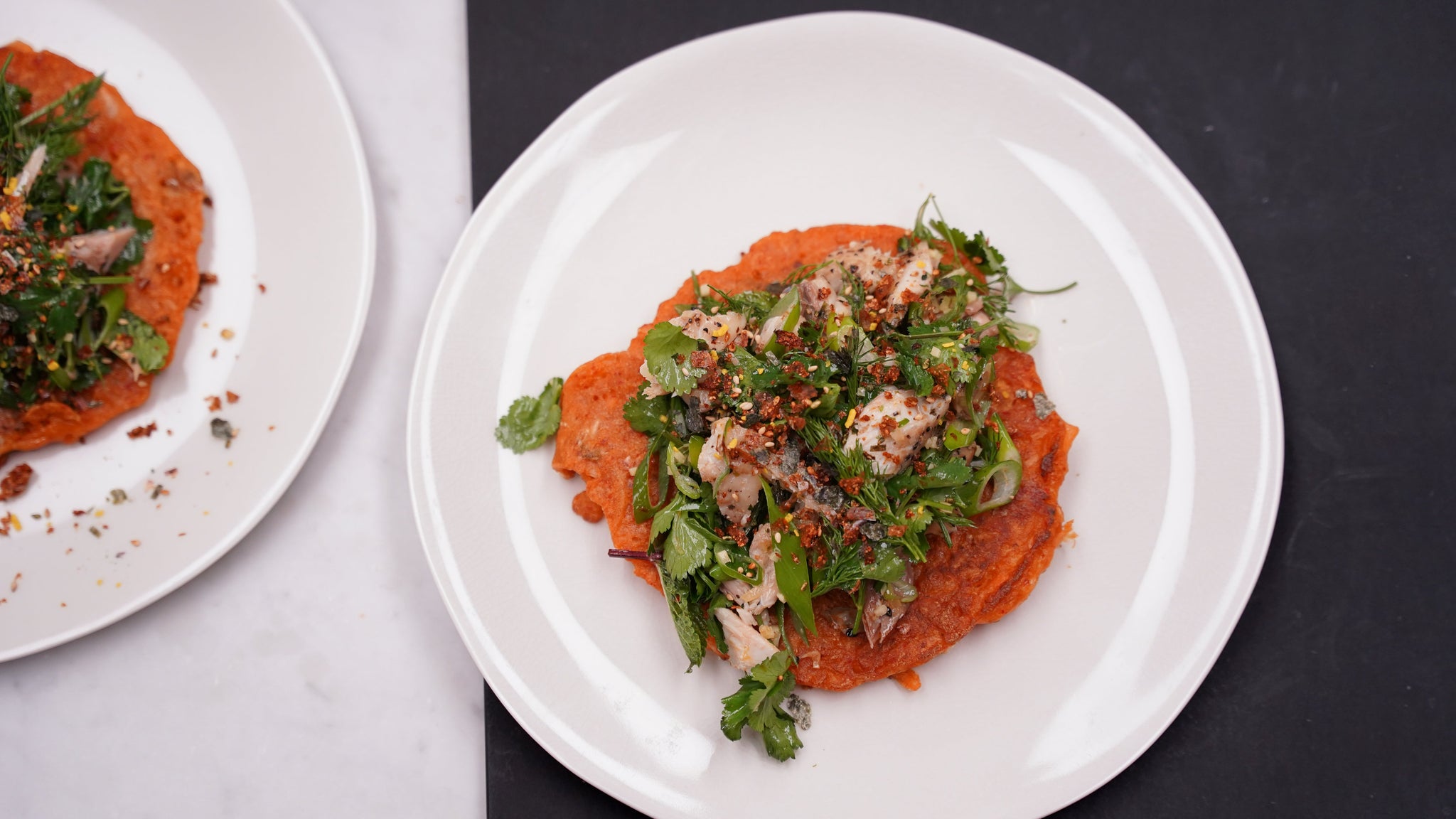 korean kimchi pancake with mackerel salad