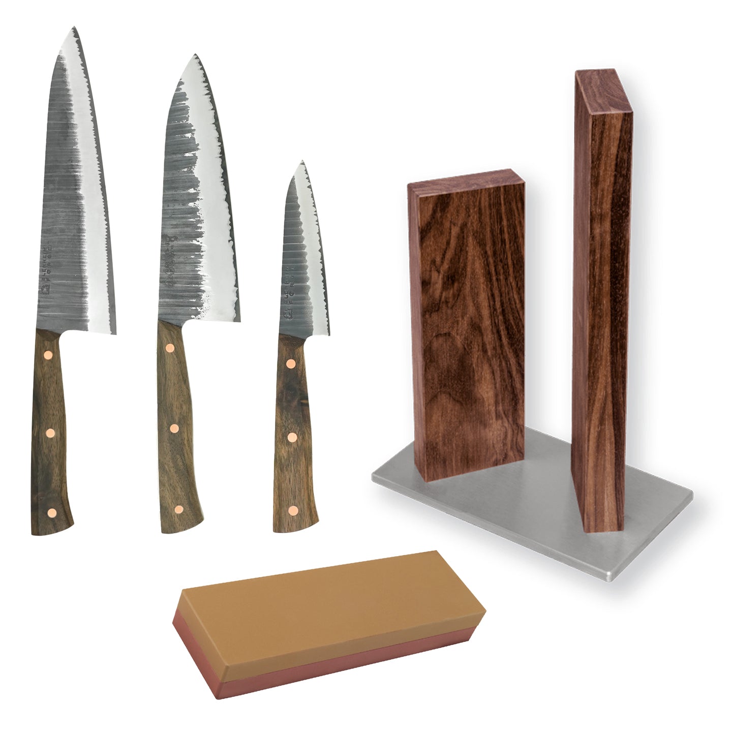 Blenheim Forge Full Tang 3 Knife, Whetstone and Walnut Block Set