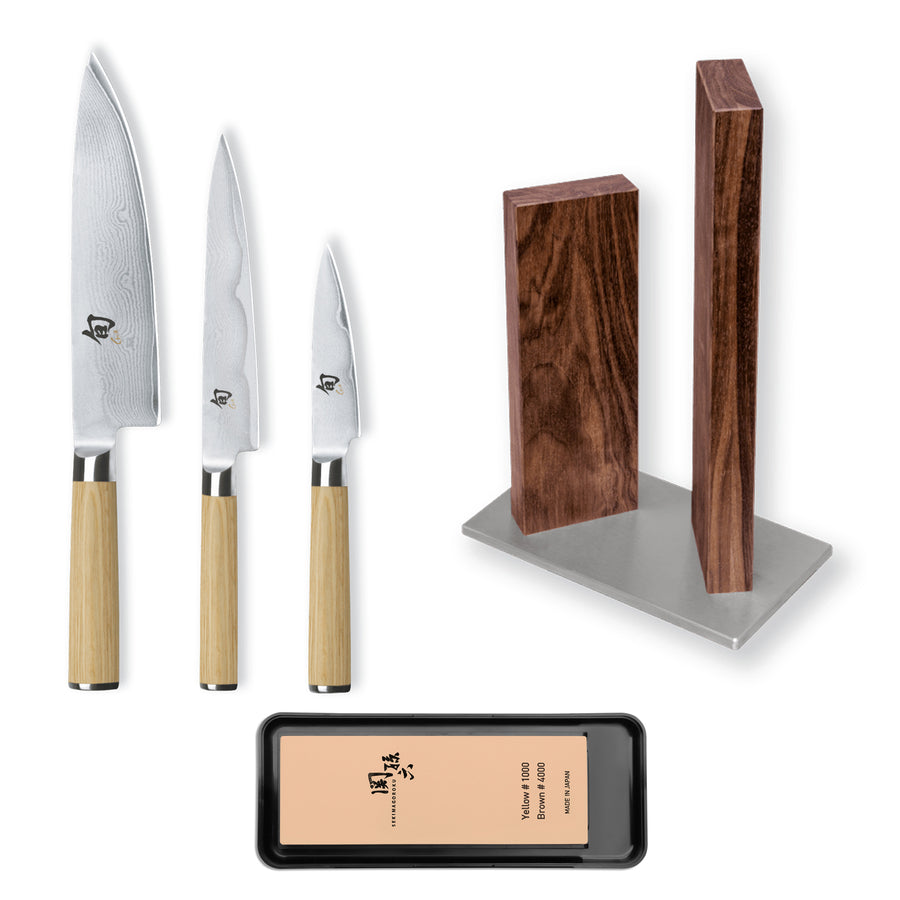 Kai Shun Classic White 3 Knife, Whetstone and Block Set / Walnut Block