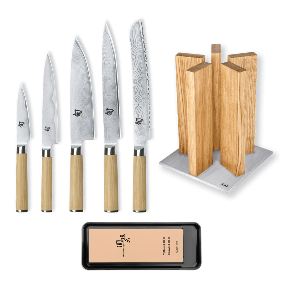 Kai Shun Classic White 5 Knife, Whetstone and Block Set / Oak Block