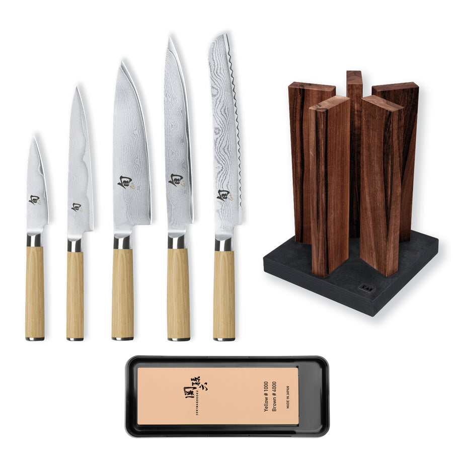 Kai Shun Classic White 5 Knife, Whetstone and Block Set / Walnut Block