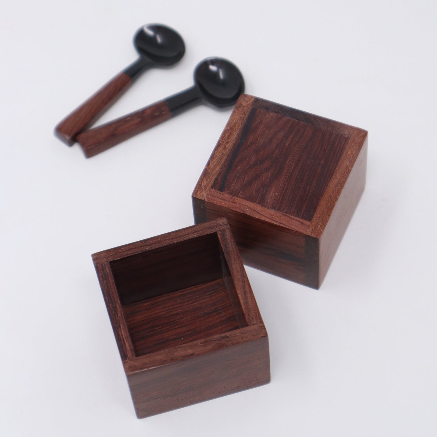 Sarah Petherick Rosewood Salt / Pepper Box with Miniature Oval Spoon /  Set of 2